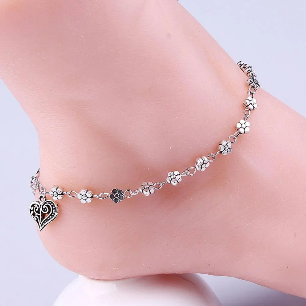 Tibetan Silver Hollow Plum Flowers Heart-Shaped Anklet