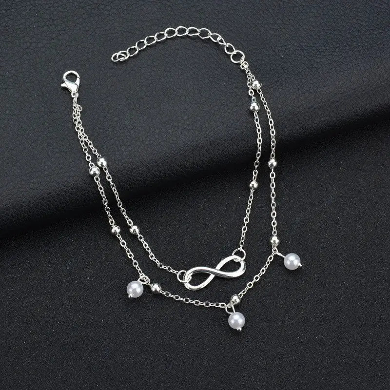 2PCS Retro Pearl Heart Infinity Ankle