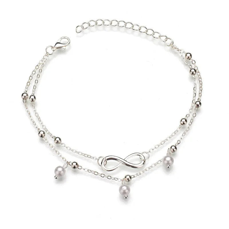 2PCS Retro Pearl Heart Infinity Ankle