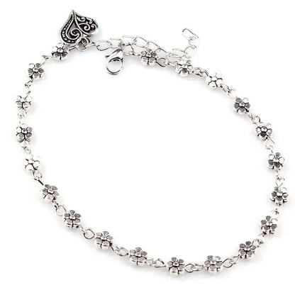 Tibetan Silver Hollow Plum Flowers Heart-Shaped Anklet