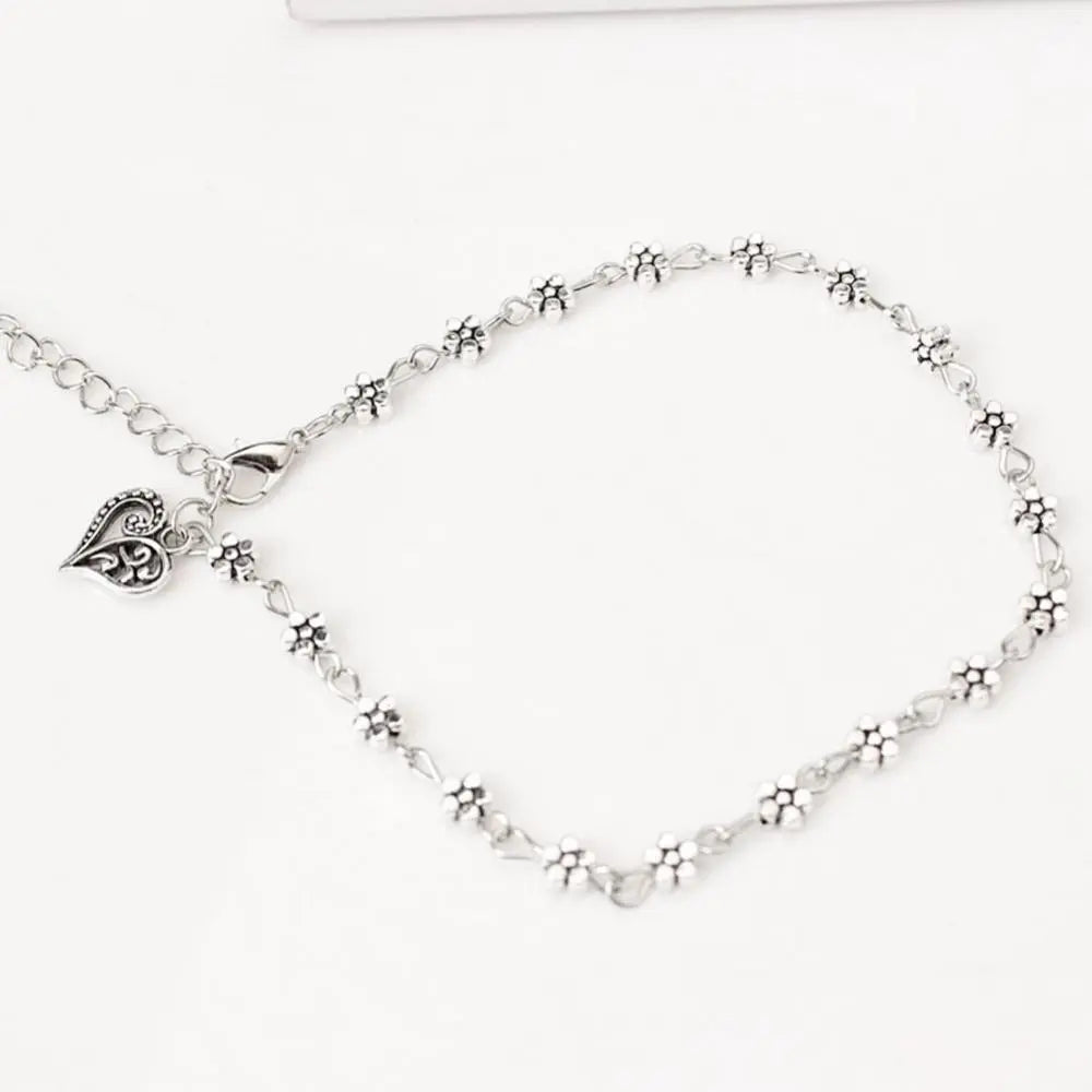 Tibetan Silver Hollow Plum Flowers Heart-Shaped Anklet