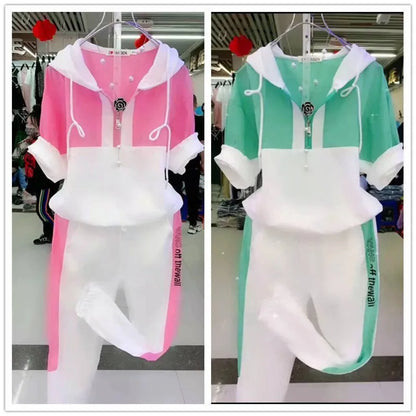Tracksuit Loose Short Sleeve Hooded Top Pants Two Piece Sets Sweat Suit