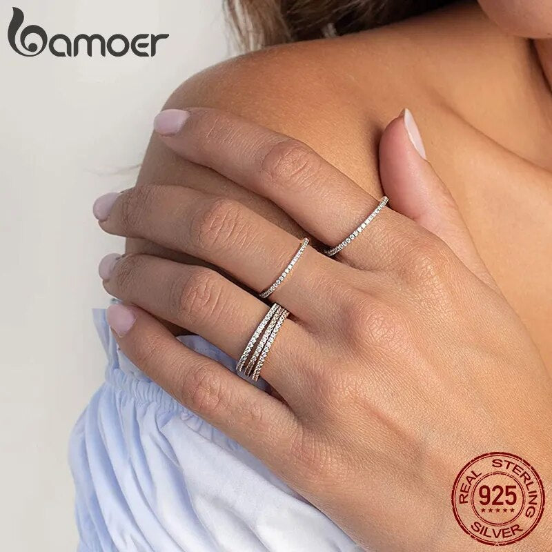 BAMOER 925 Sterling Silver CZ Simulated Diamond Stackable Ring