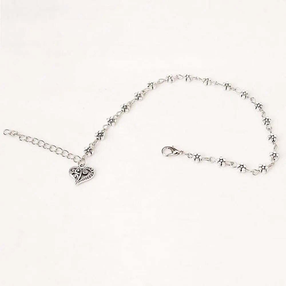 Tibetan Silver Hollow Plum Flowers Heart-Shaped Anklet