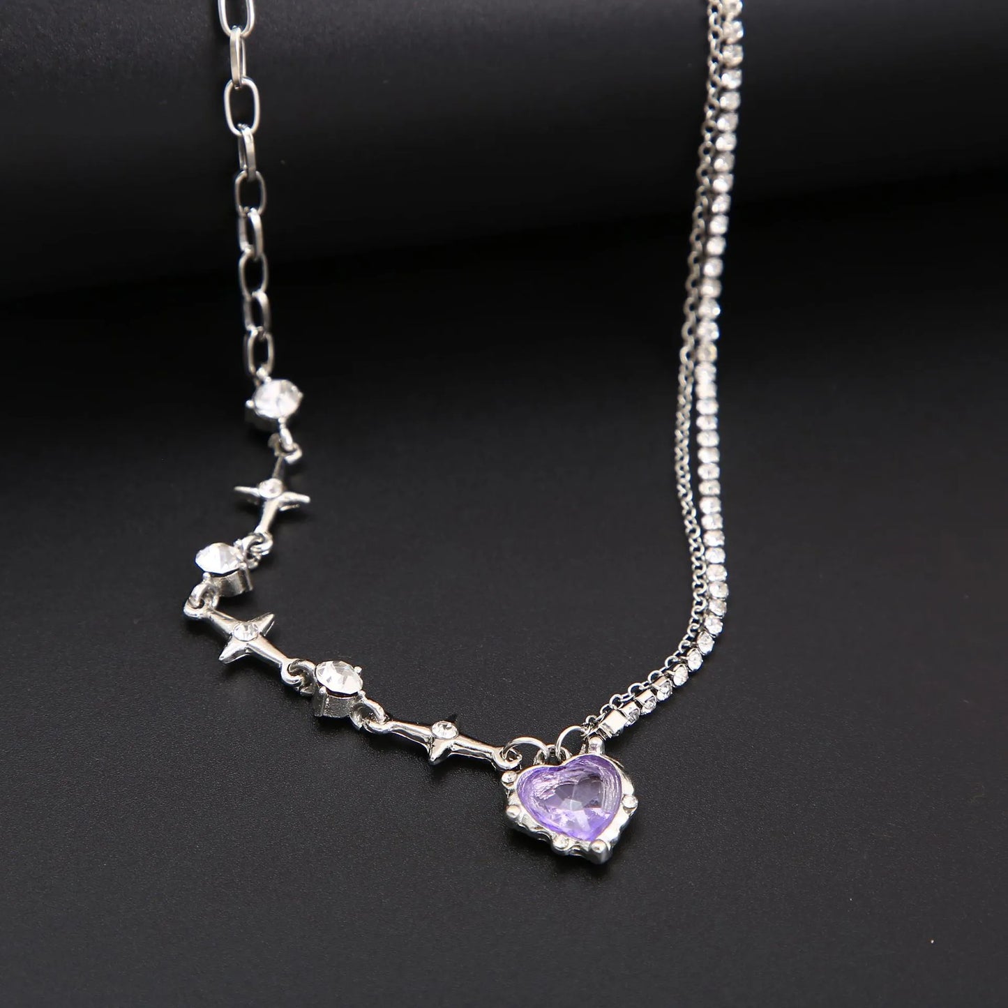 Y2K Purple Crystal Heart Pendant Necklace