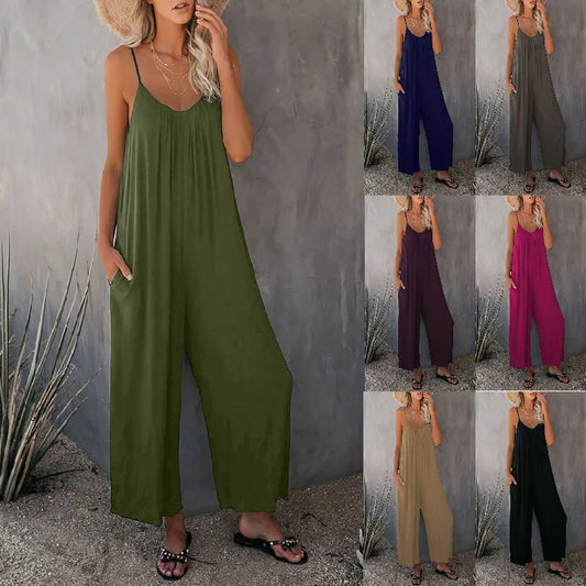 New Foreign Trade Tolid Color Pocket Casual Jumpsuit