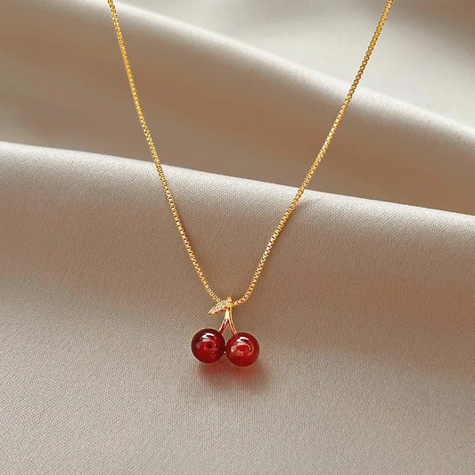 New Wine Red Cherry Gold Colour Pendant Necklace