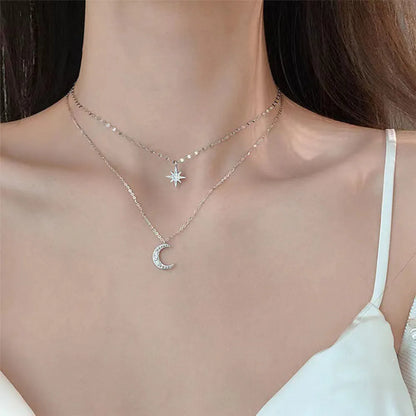 SUMENG Simple Double Layer Star Moon Necklace