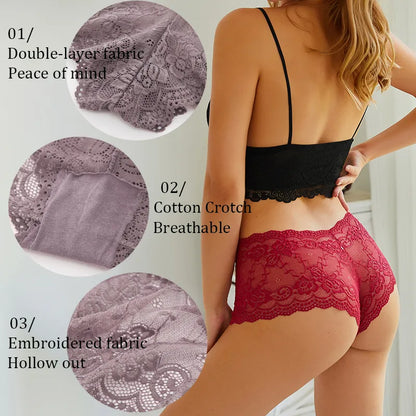 3PCS Floral Lace Panties Sexy Perspective Underwear V Waist Solid