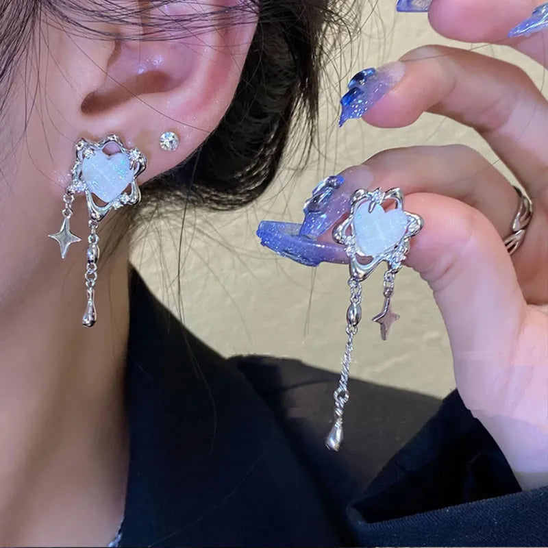 Irregular Heart Tassel Star Earrings