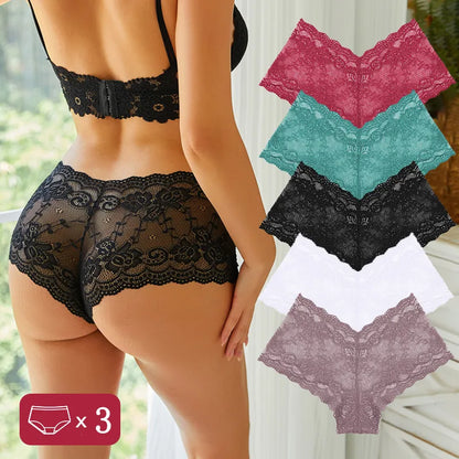 3PCS Floral Lace Panties Sexy Perspective Underwear V Waist Solid