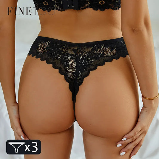 FINETOO 3Pcs/set Sexy Thongs Lace Floral Bikini Underpants