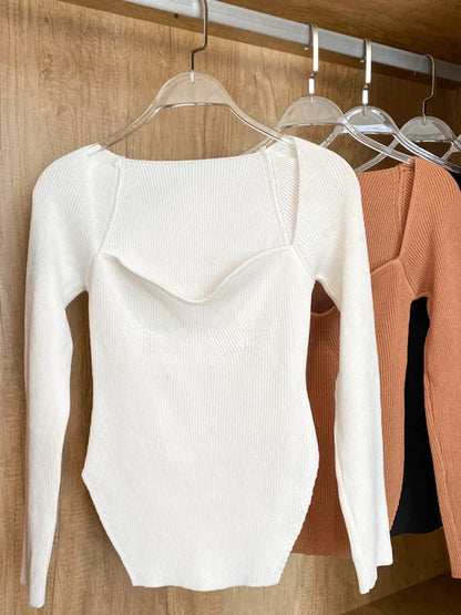 Square Collar Long Sleeve Sweaters Knitted Pullover
