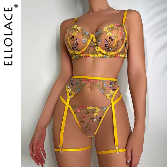 Ellolace Sensual Lace Transparent Embroidery 3-Piece Garters