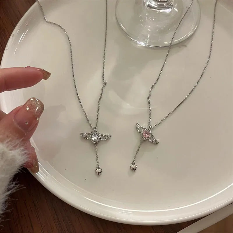 2023 Crystal Angel Wings Heart Pendant Necklaces