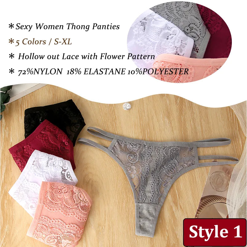 3PCS/Set Sexy Lace Panties Hollow Out Thongs Low Waist Cotton G-String