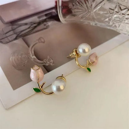 French Light Luxury Pink Tulip Flower Pearl Stud Earrings