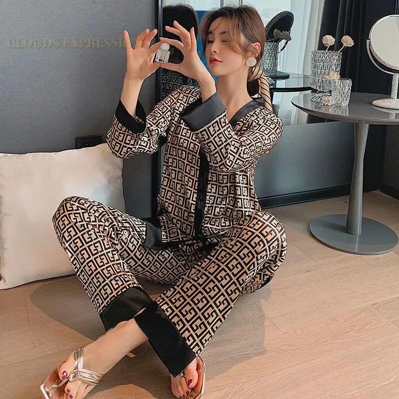 Spring Summer Ladies Faux Silk Polyester Pajama Set