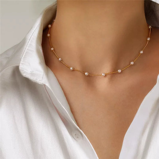 LATS Beads Women's Neck Chain Kpop Pearl Choker Necklace