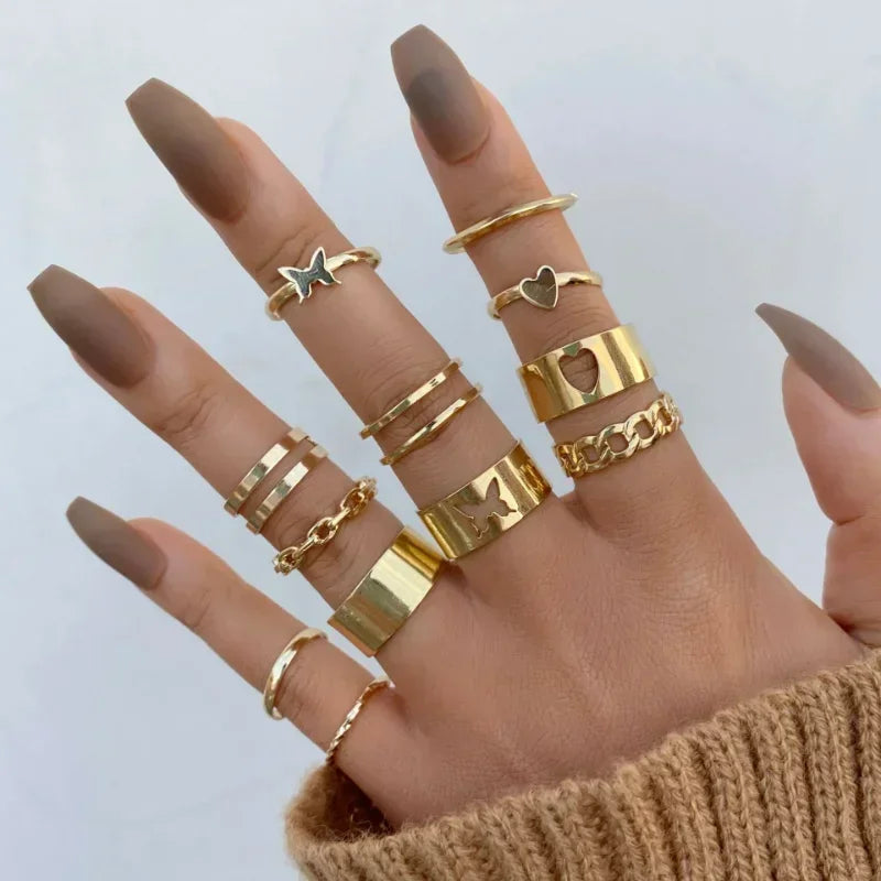 Boho Gold Color Heart Rings Set