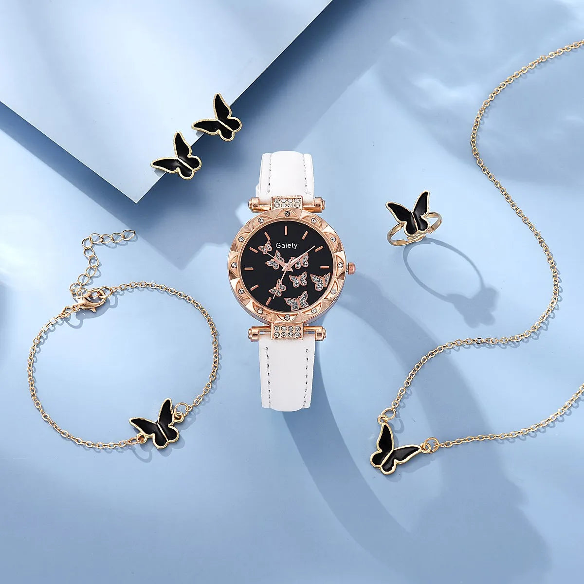 6pcs Luxury Watch Women Ring Necklace Earrings Bracelet Set Watches