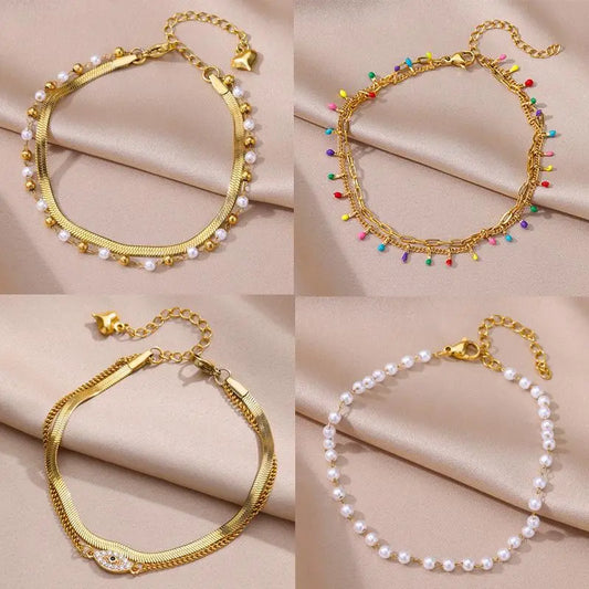 Stainless Steel Imitation Pearl Chain Anklet