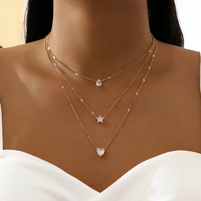 Crystal Zircon Heart Star Charm Layered Pendant Necklace