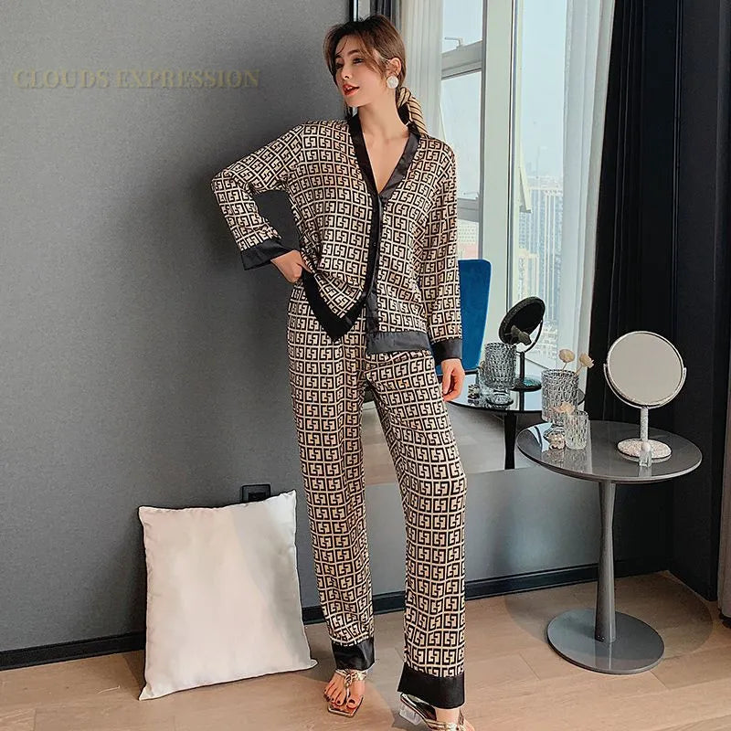 Spring Summer Ladies Faux Silk Polyester Pajama Set