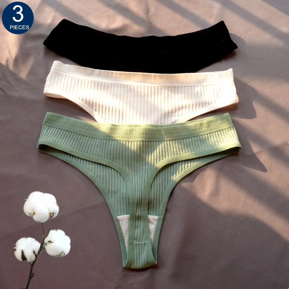 3 Pcs Seamless Ladies Ribbed Cotton Thong