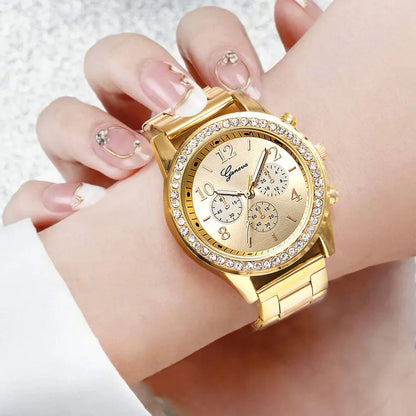 6PCS Set Luxury Watch Ring Necklace Earrings Rhinestone