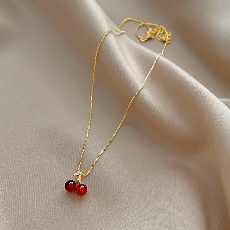 New Wine Red Cherry Gold Colour Pendant Necklace