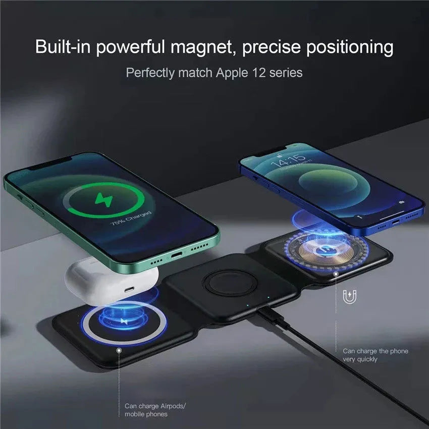 3 in 1 Magnetic Wireless Charger Pad Stand for iPhone 14 13 12 Pro Max Airpods iWatch  Fast Wireless Charging Dock Station