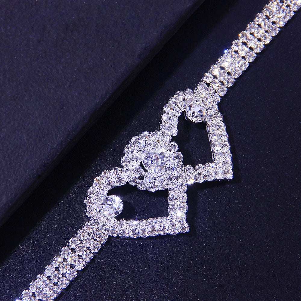 Ins Fashion Silver Color Rhinestone Double Heart Anklet