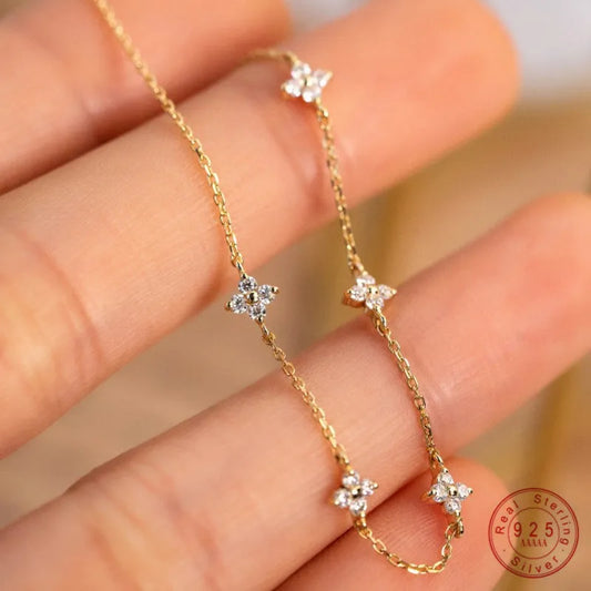 925 Sterling Silver Plated 18k Gold Shiny Zircon Flower Bracelet