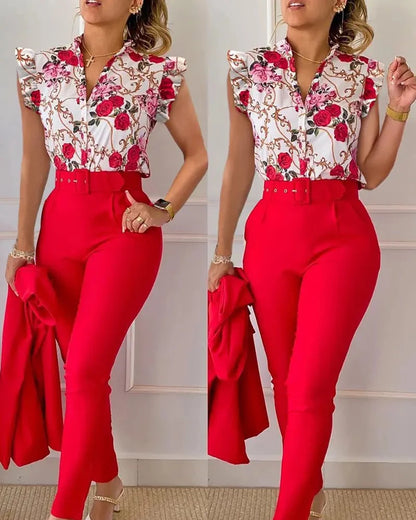 Casual Button Flying Sleeve Shirt Pants Suits