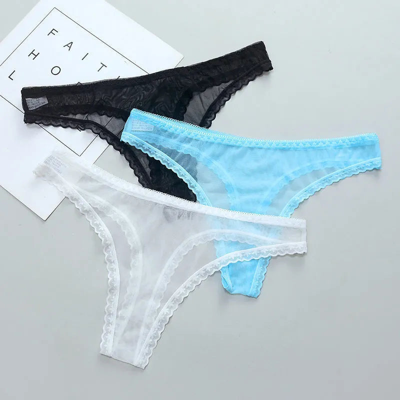 1-2 Pcs Transparent Thong Panties Women Lace See Through Crotch Mesh