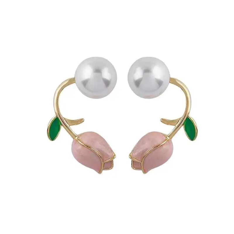 French Light Luxury Pink Tulip Flower Pearl Stud Earrings