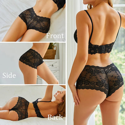 3PCS Floral Lace Panties Sexy Perspective Underwear V Waist Solid