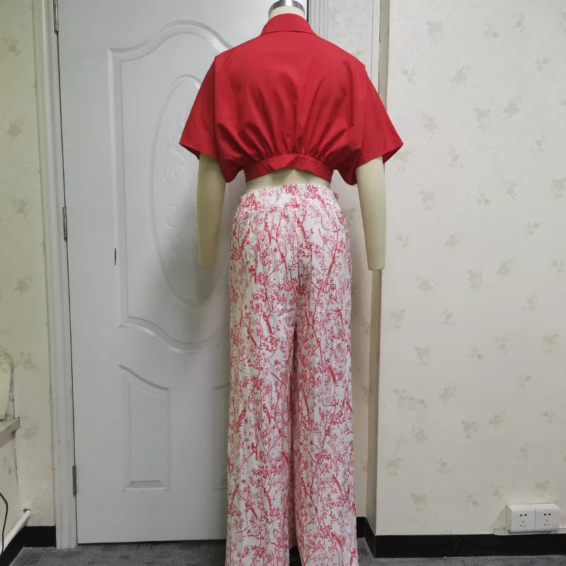 Sexy Mid Sleeve Shirt Elgant Floral Print Wide Leg Pant High Streetwear