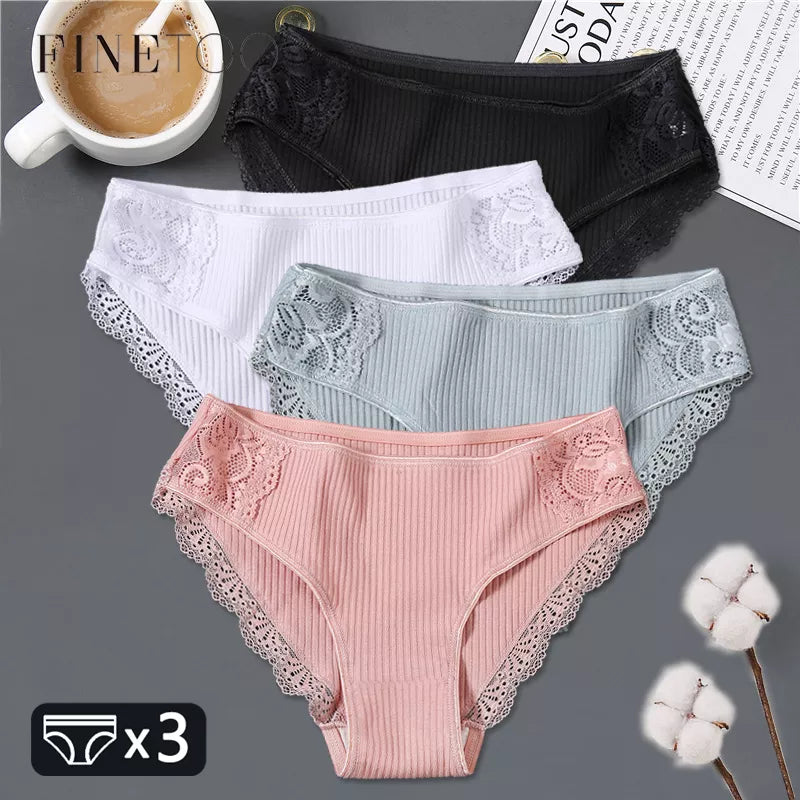 FINETOO 3Pcs/set Women Cotton Panties M-2XL Low-Rise Underwear