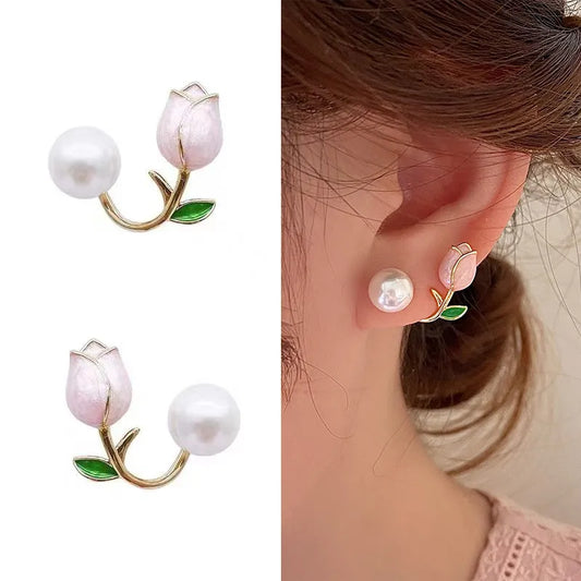 French Light Luxury Pink Tulip Flower Pearl Stud Earrings