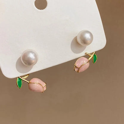 French Light Luxury Pink Tulip Flower Pearl Stud Earrings