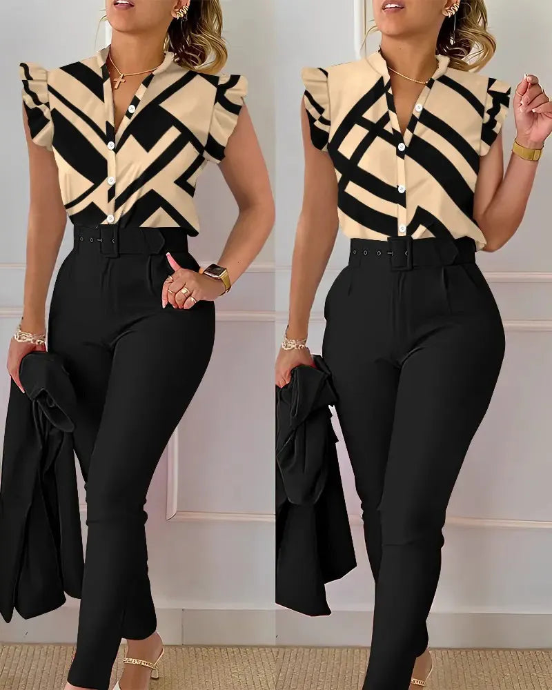 Casual Button Flying Sleeve Shirt Pants Suits