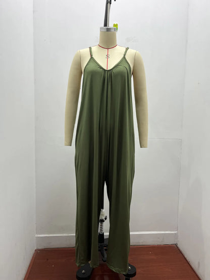 New Foreign Trade Tolid Color Pocket Casual Jumpsuit