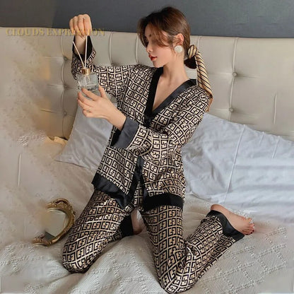 Spring Summer Ladies Faux Silk Polyester Pajama Set