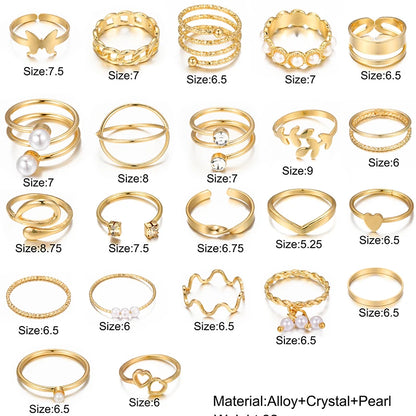 22Pcs/Set Gold Color Heart Snake Rings Set