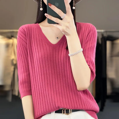Sweater Short Sleeve V-neck Stripe Knitwears
