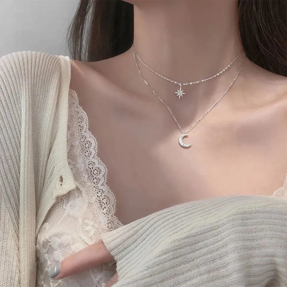 SUMENG Simple Double Layer Star Moon Necklace