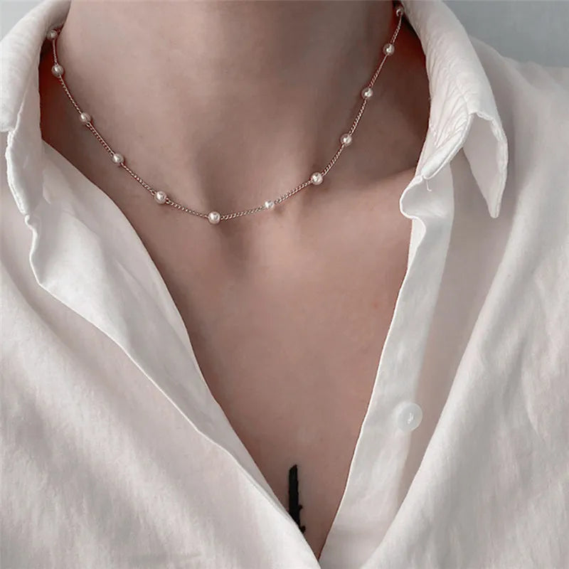 LATS Beads Women's Neck Chain Kpop Pearl Choker Necklace