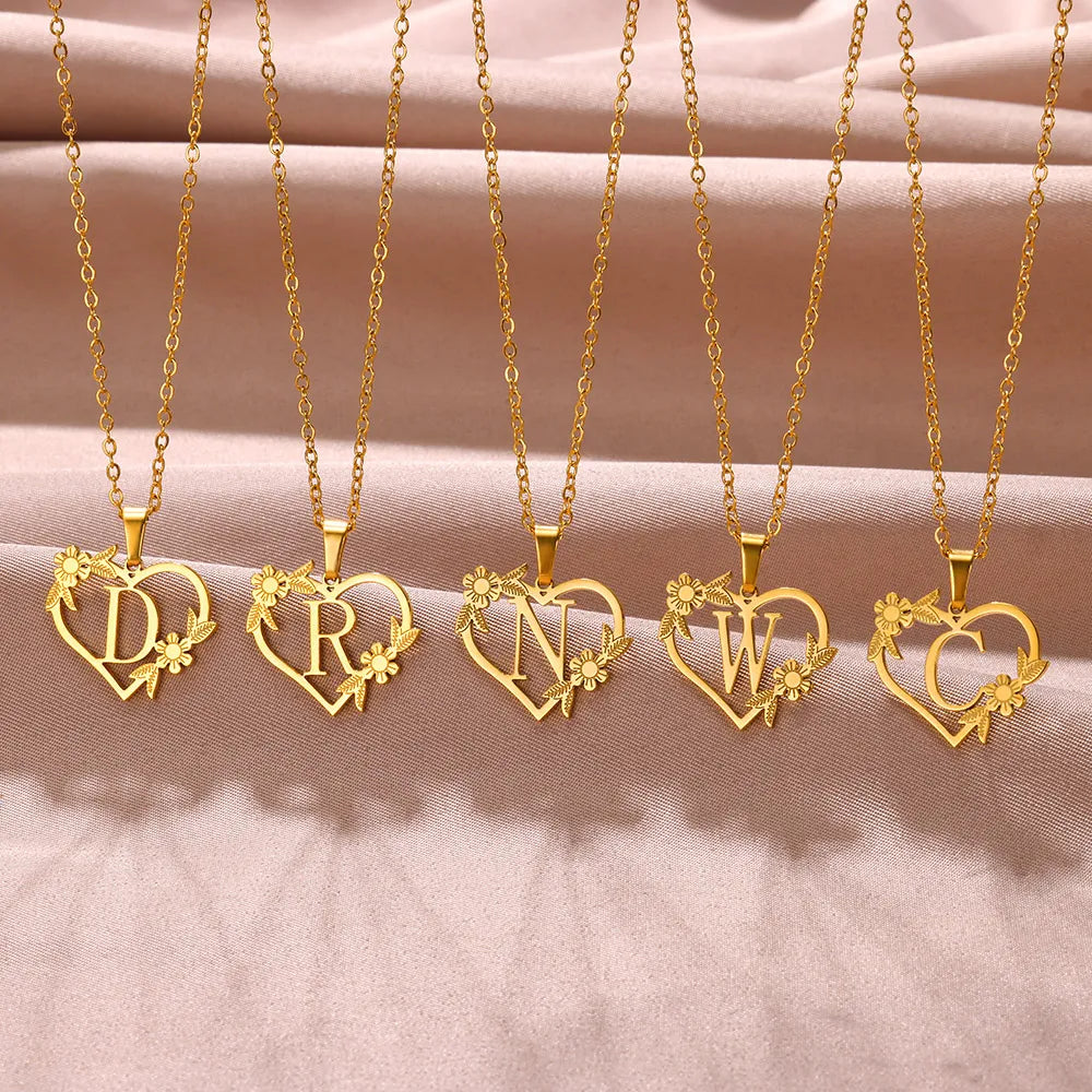 Gold Color Dainty Flower Initials Necklace